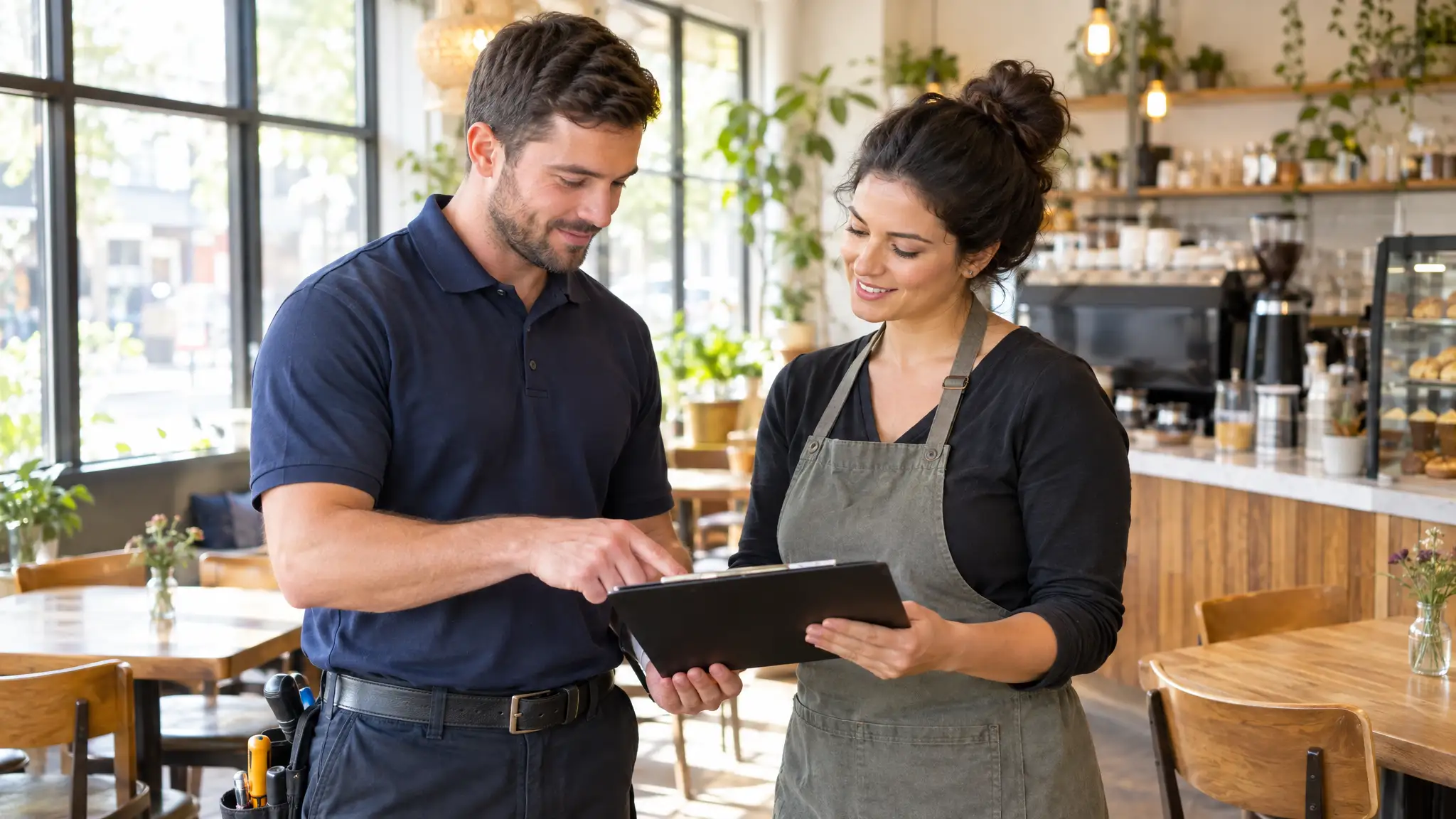 A partner contractor reviewing plans with a business owner in a commercial space