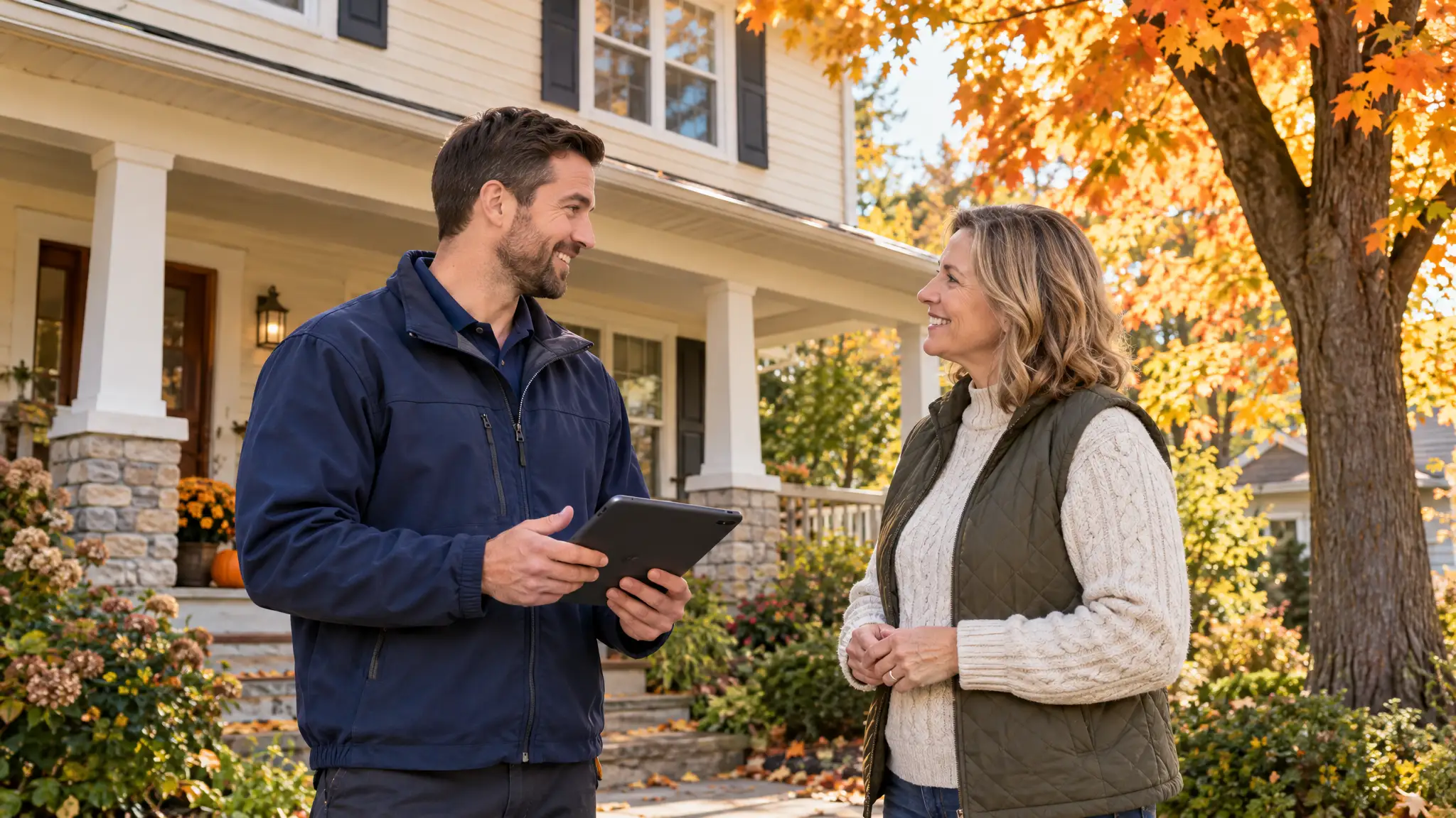 A partner contractor greeting a homeowner at the front door in Madison, Wisconsin