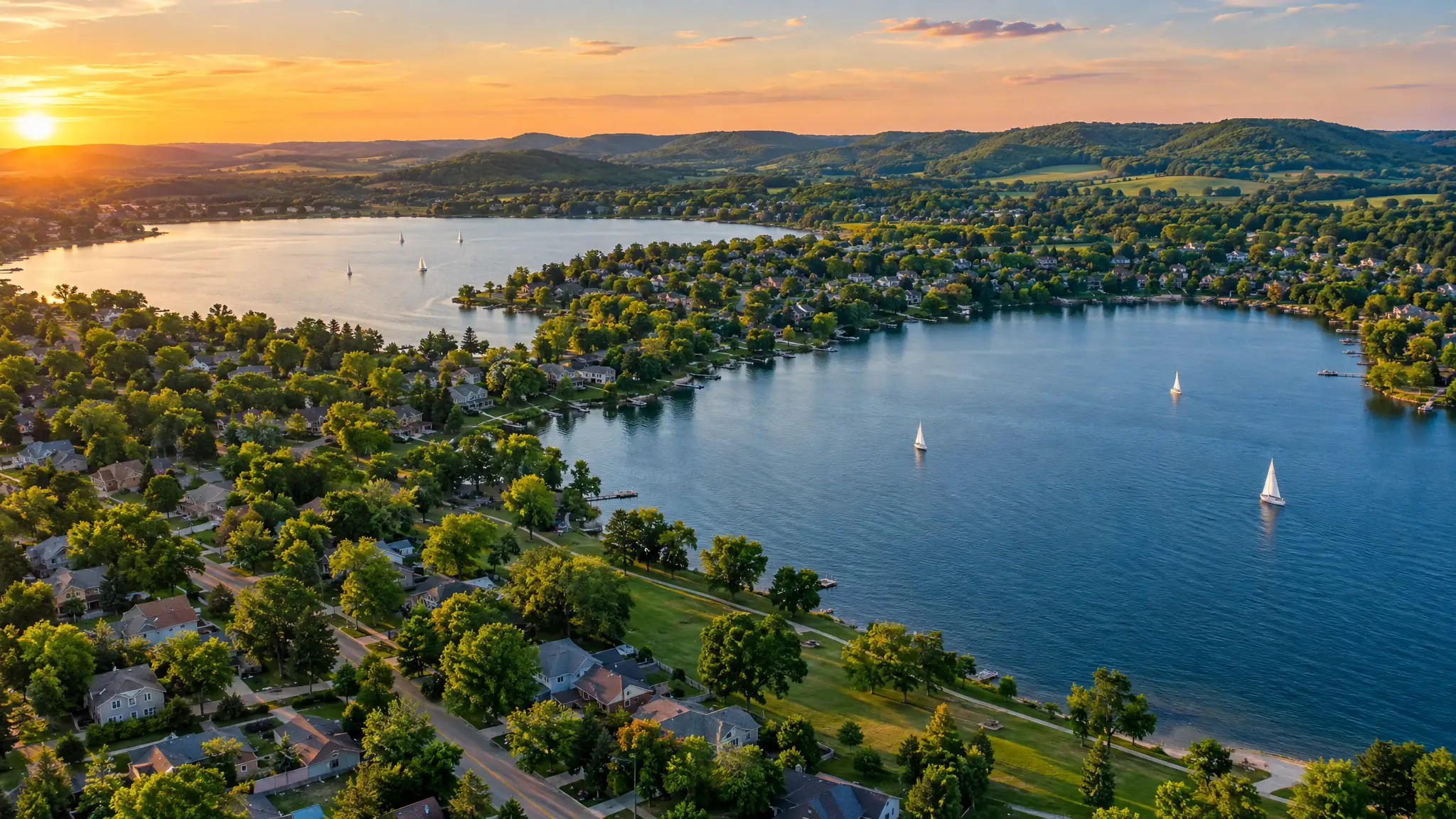 An aerial view of Madison’s lakes and neighborhoods